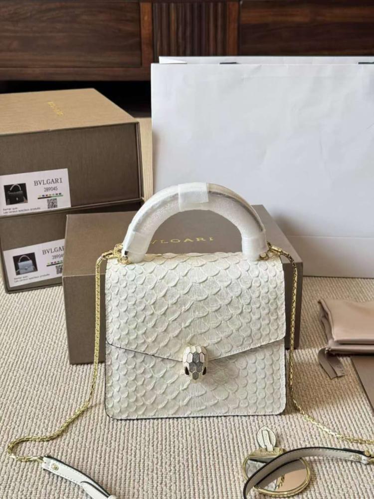 Bulgari small white snake-embossed leather flap bag with top handle