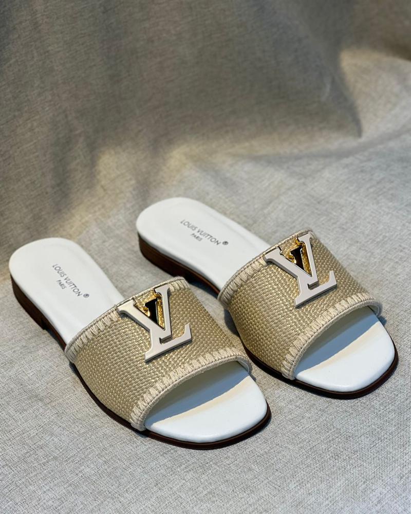 LV Louis Vuitton Women's Straw Slippers White Beige