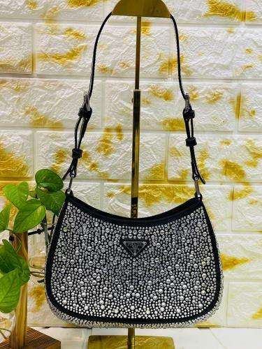 Prada Black Rhinestone Signature Shoulder Bag - E-SEVEN STORE