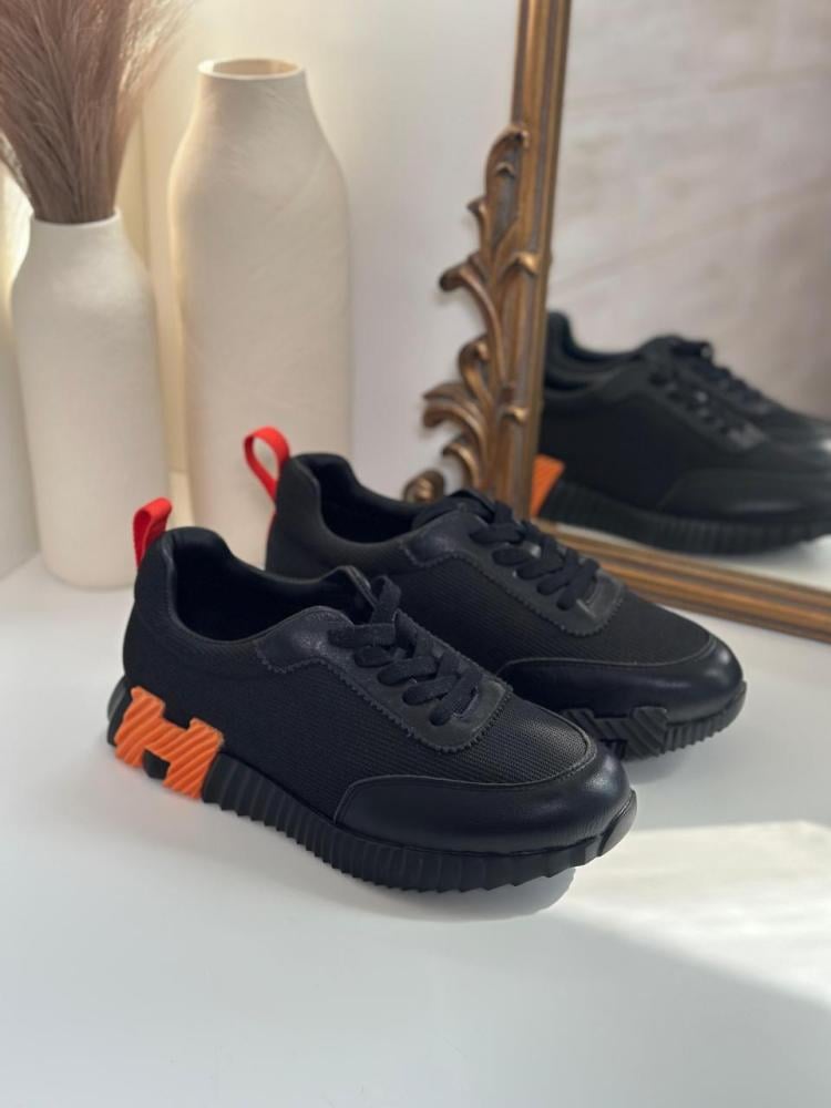 Hermes Men's Bouncing Leather Sneakers Black H Orange - E