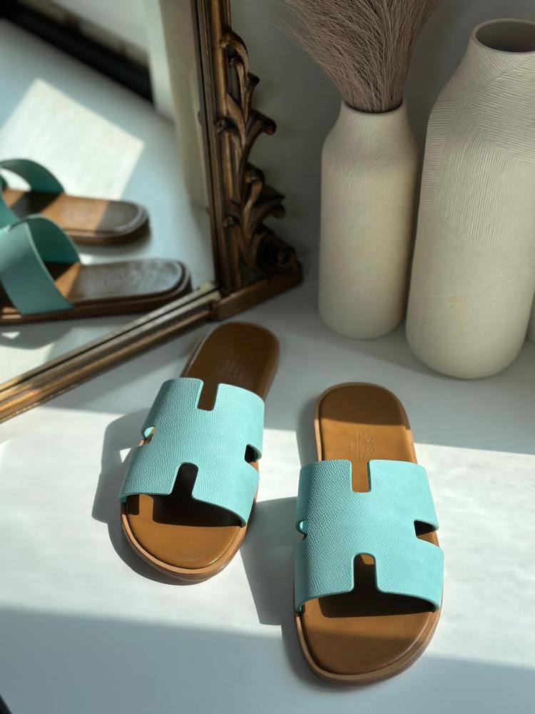 Hermes Oran Men's Leather Slippers in Blue and Honey