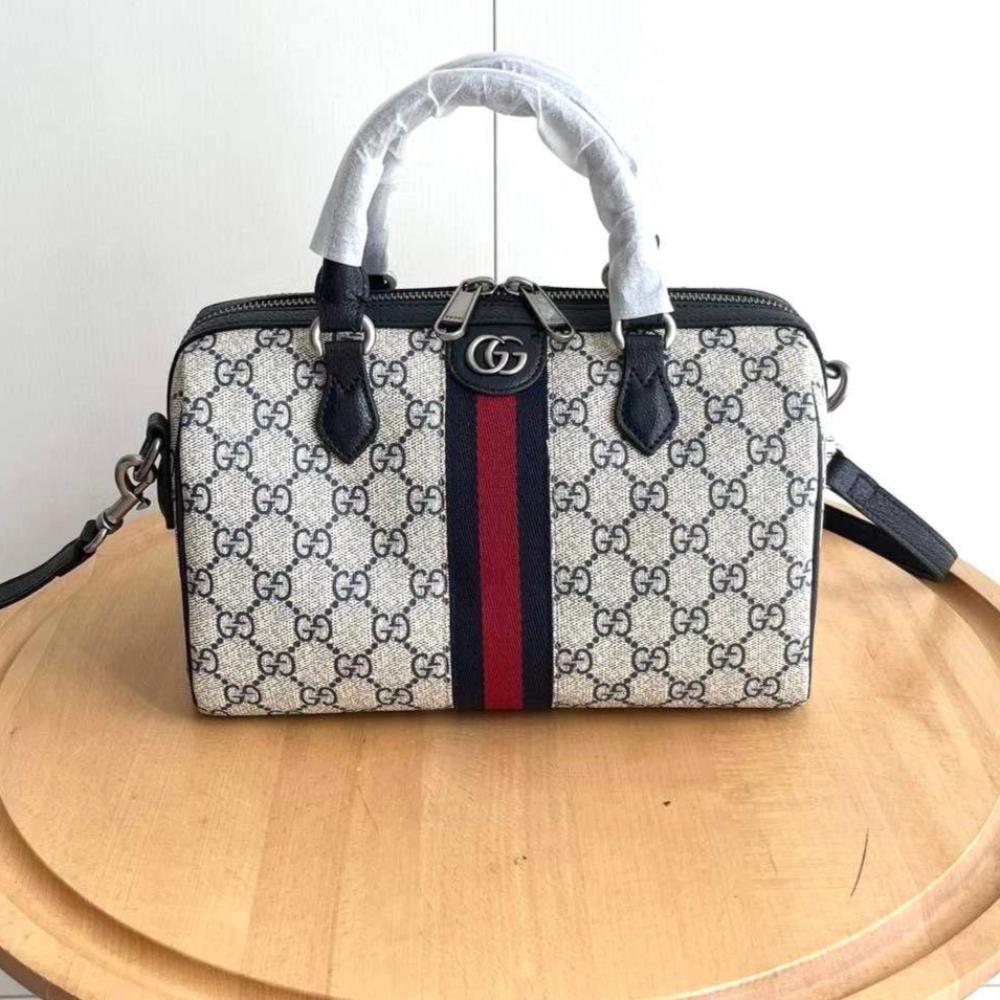 Ophidia small top handle bag in black and white GG canvas - E