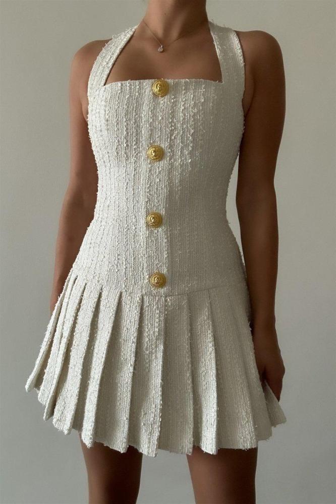 【関税＆送料込み】Balmain Tweed Mini Dress With Buttons 4k Gorgeous Authentic Balmain Gold Logo Buttons Beige Tweed