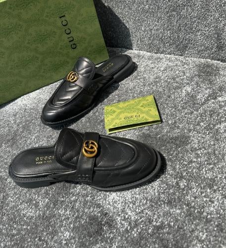 Gucci Women's Black Leather Open Back Flat Sandal - E-SEVEN STORE