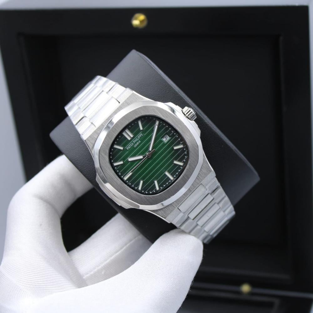 Elegant Patek Philippe Nautilus silver and green metal watch