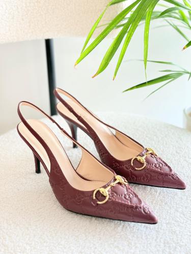 Gucci Horsebit Monogram GG Back Belt Heels in Burgundy - E-SEVEN STORE