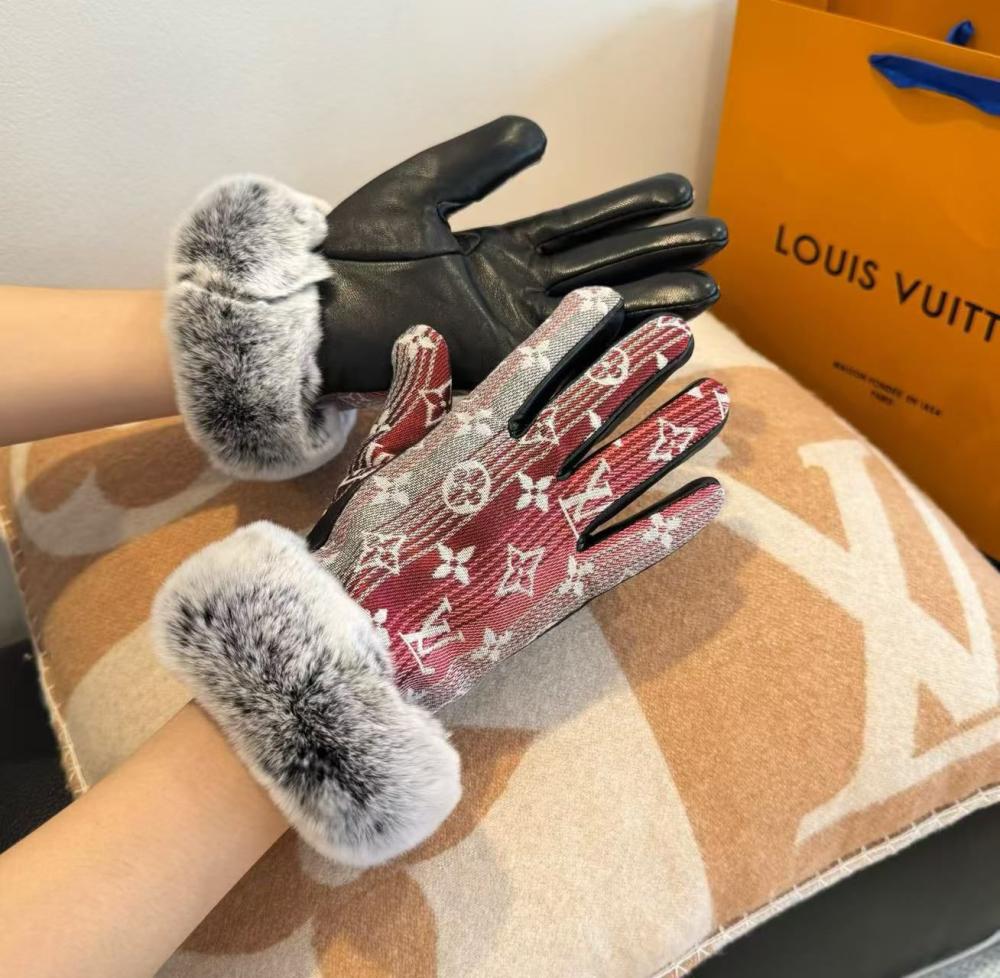 Louis Vuitton women's monogram leather gloves, red and gray