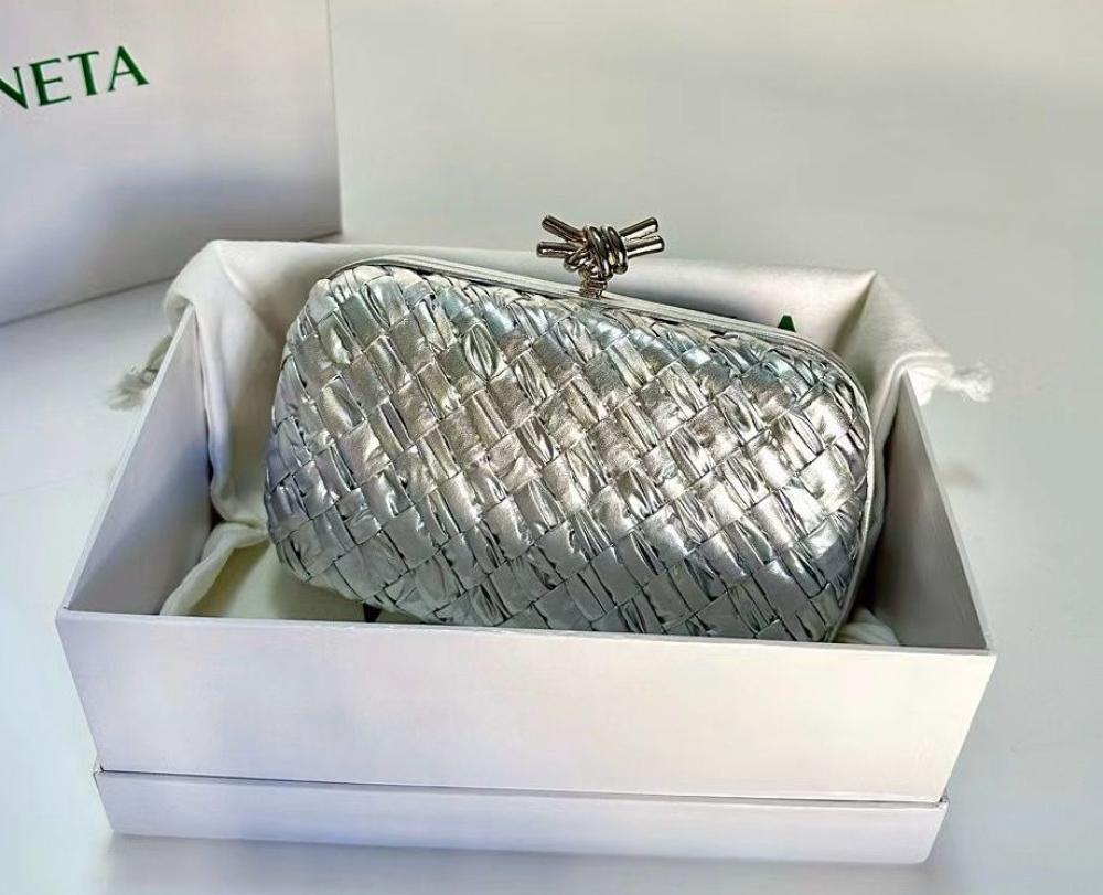 Bottega Veneta Silver Braided Leather Clutch Evening Bag - E