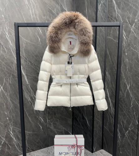 Moncler women's short rain jacket with a fur hood, white | ESEVEN