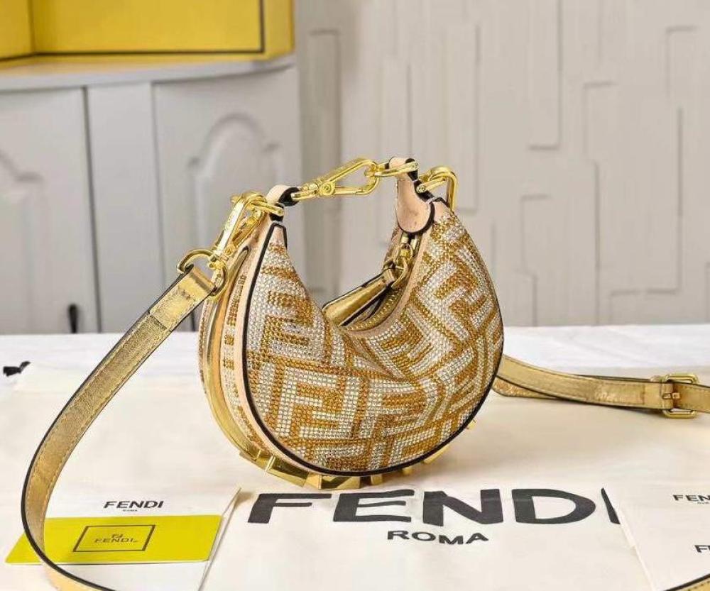 Fendi Graffiti FF Gold Rhinestone Embellished Bag with Long Handle