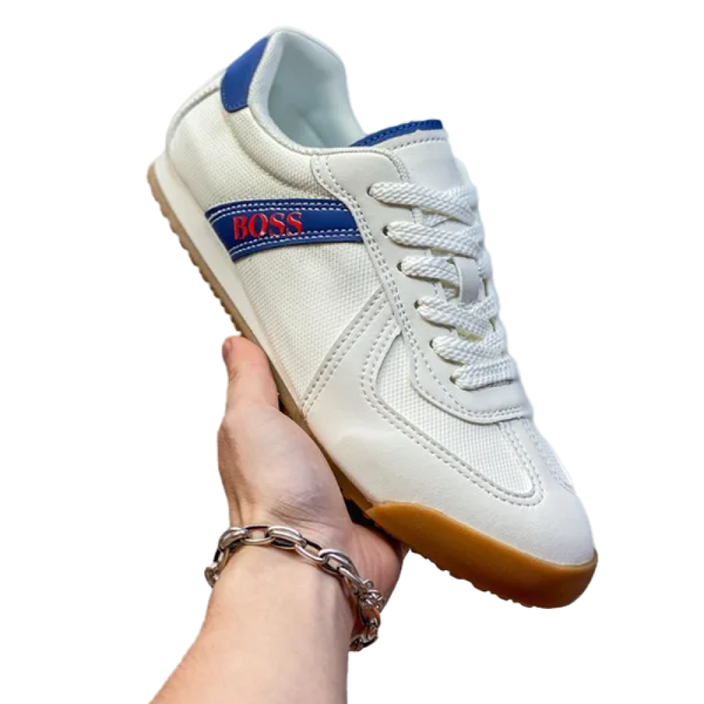 Boss Men's White Sneakers with Blue Embroidery