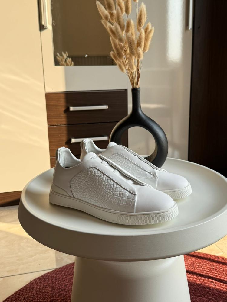 Zegna ホワイト スリッポンスニーカー Zegna Triple Stitch White Slip-On Sneakers - E-SEVEN STORE