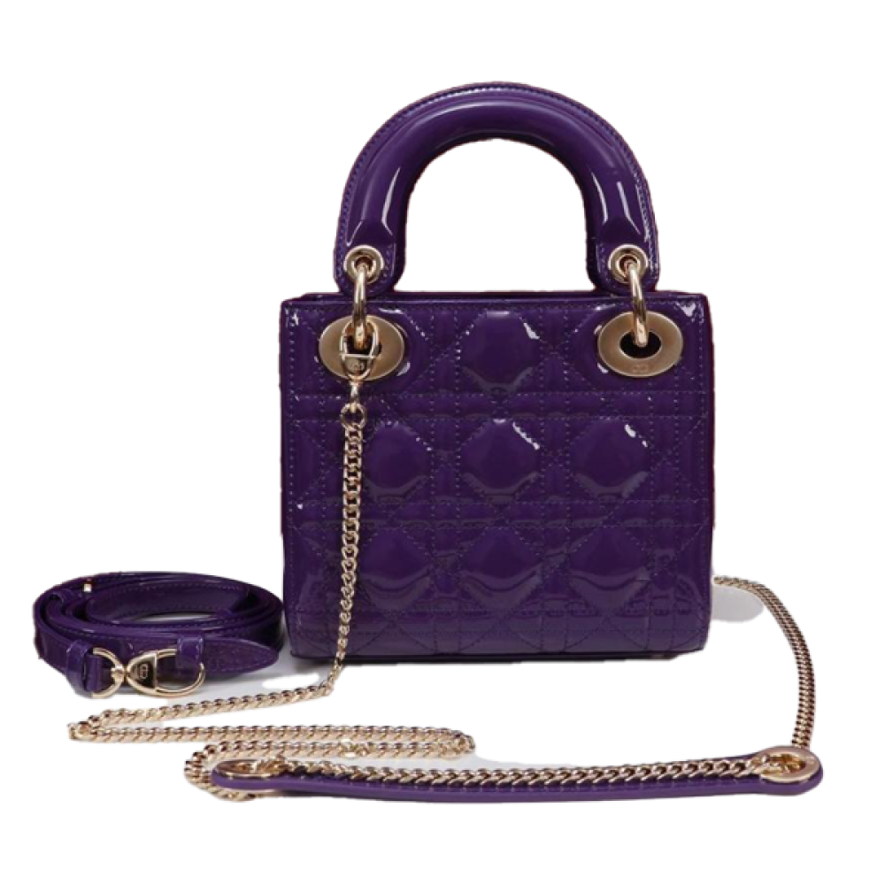 【ヴィンテージ】Rank:S☆Dior Dark Purple Lady Small Cannage Christian Dior Purple Cannage Quilted Patent Leather Medium