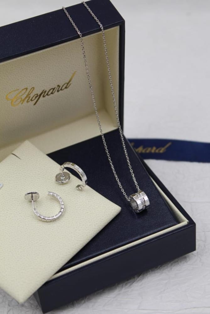 Chopard Ice Cube Silver Earrings and Necklace Accessory Set