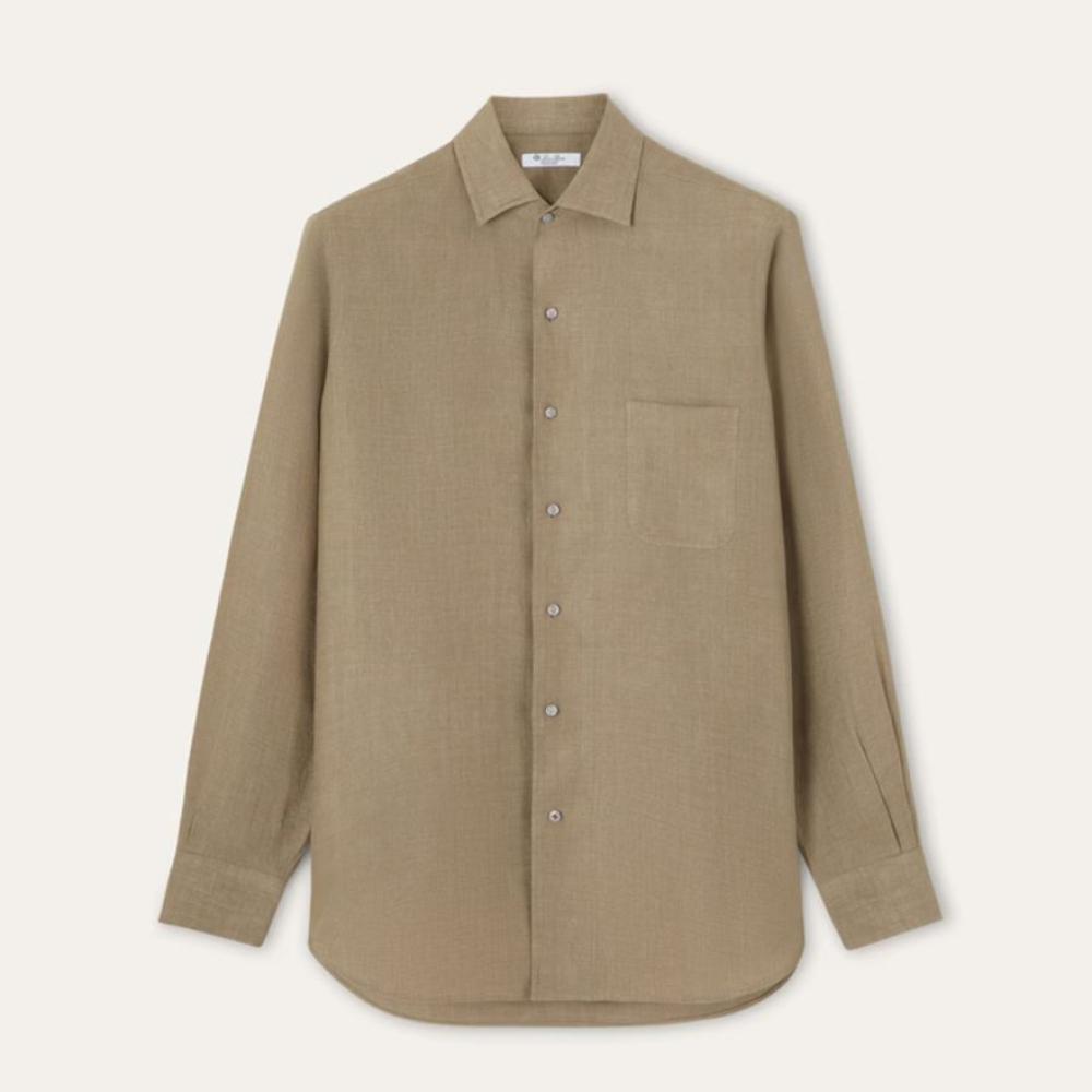 قميص لينن لورو بيانا رجالي بأزرار لون بني فاتح