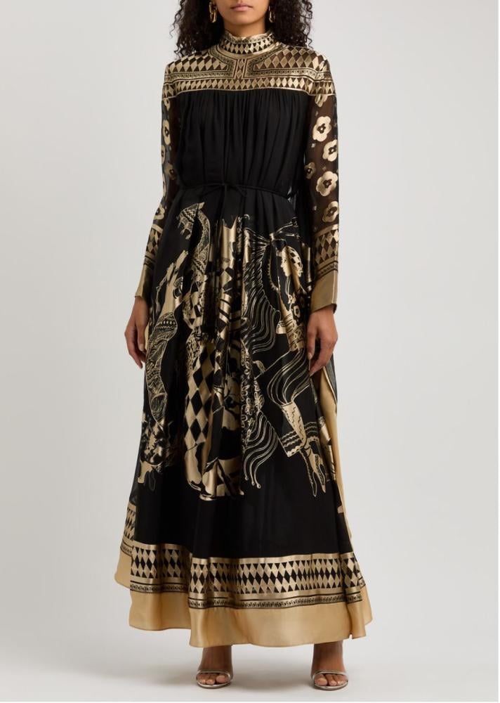 Zimmermann Otto Black Evening Dress with Gold Trims and Long