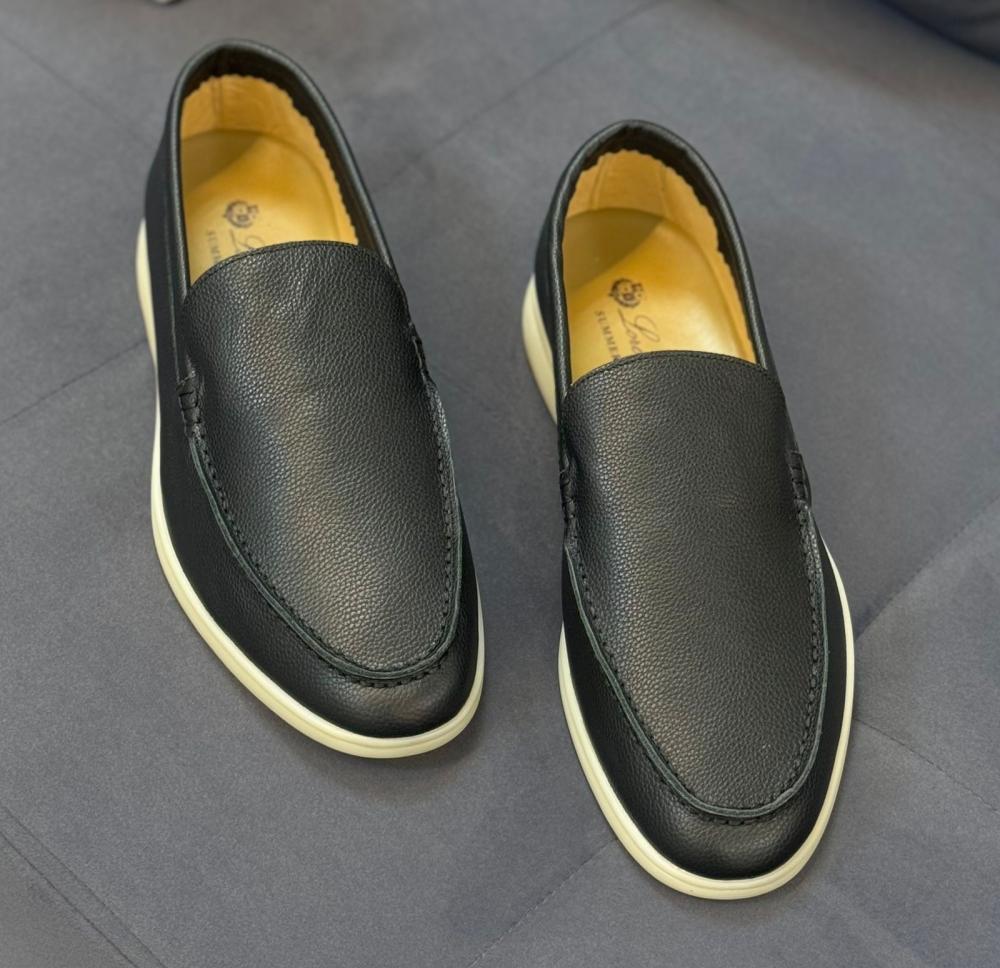 Loro Piana Men's Black Leather Formal Flat Shoes - E-SEVEN STORE