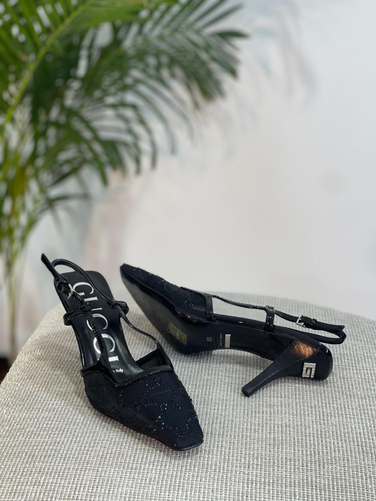 Gucci Women's Black GG Rhinestone Belted Sandal