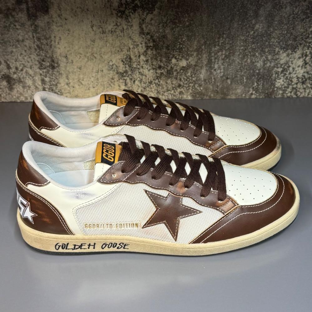 Golden Goose Ball Star Men's Sneakers, White and Brown Leather E