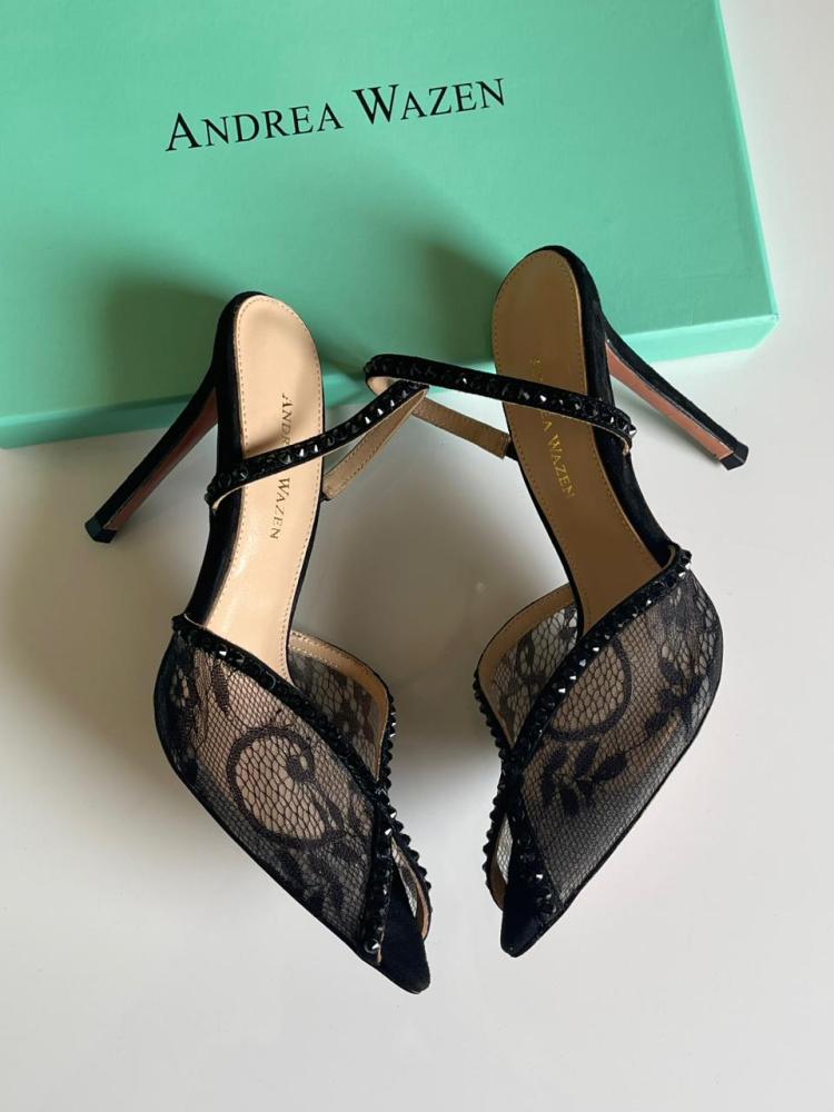 Andrea Wazen Women's Lace Sandal with High Heel and Black