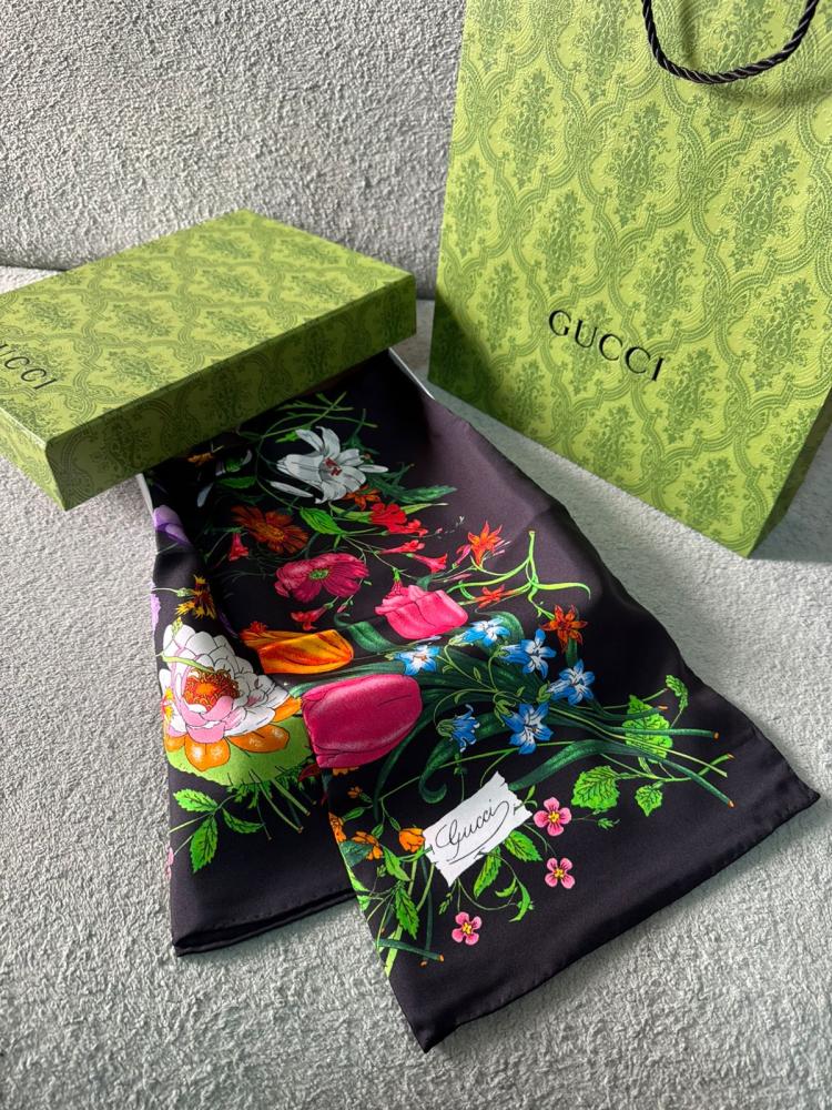 Gucci women's black scarf with colorful floral print - E-SEVEN STORE