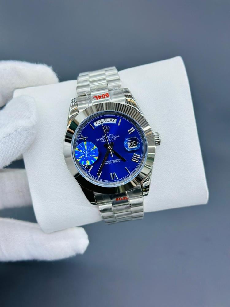 Rolex Men's Day-Date Silver Navy Dial Watch