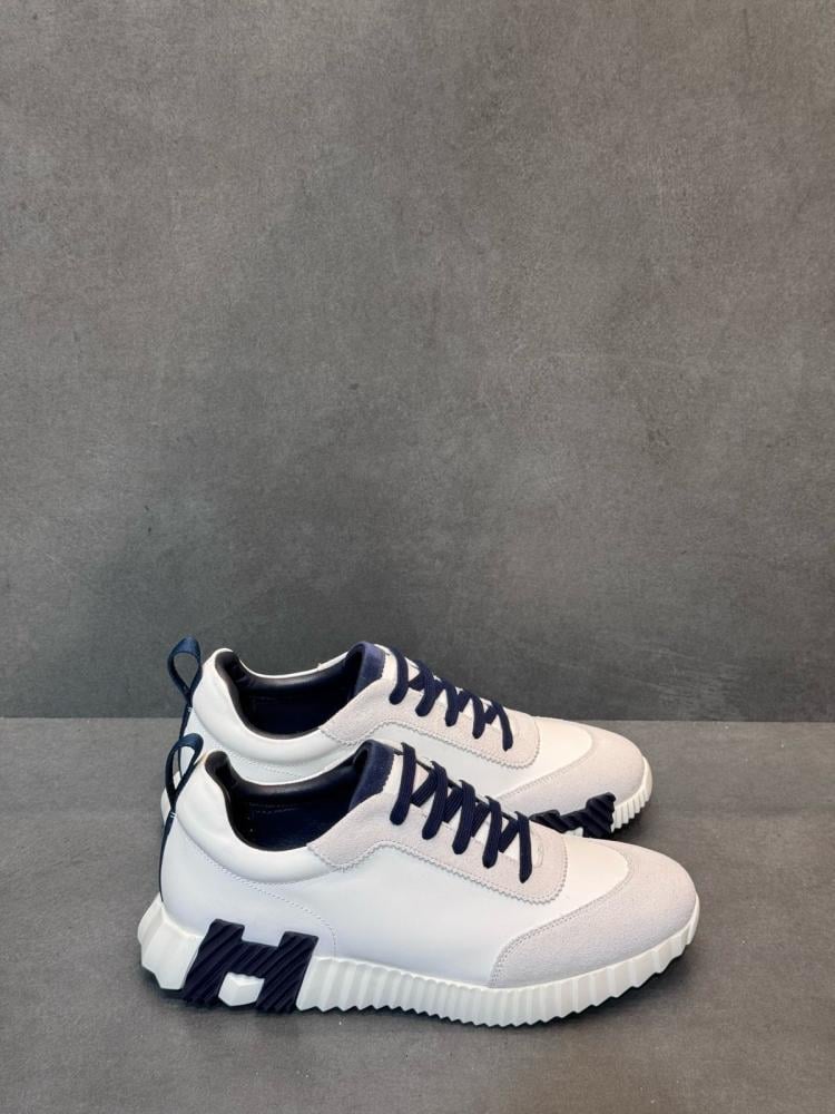 Hermes Men's Bouncing White Sneakers with Navy Laces and Logo
