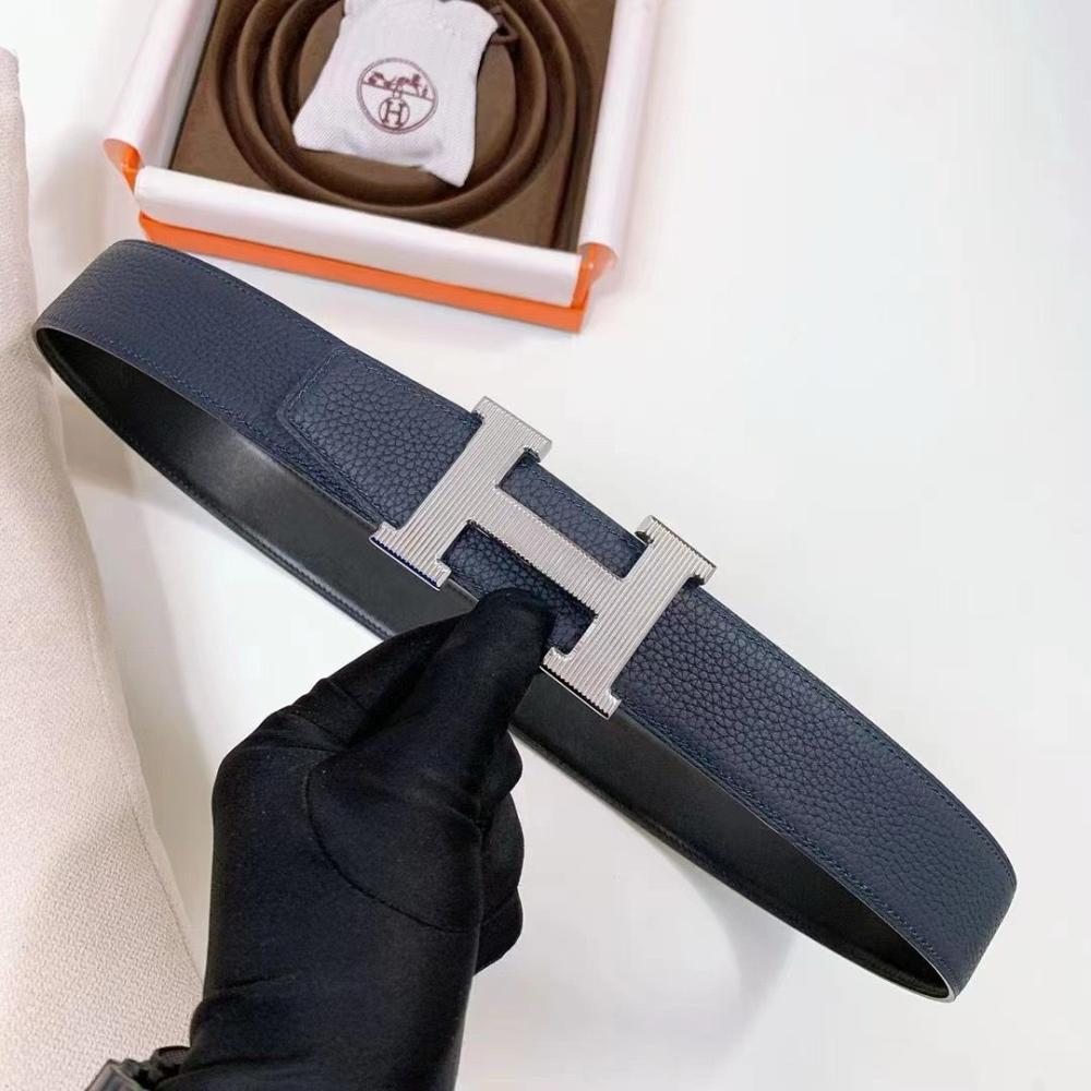 Hermes Men's Leather Belt, Navy Blue, Luxury Brand Logo, Master