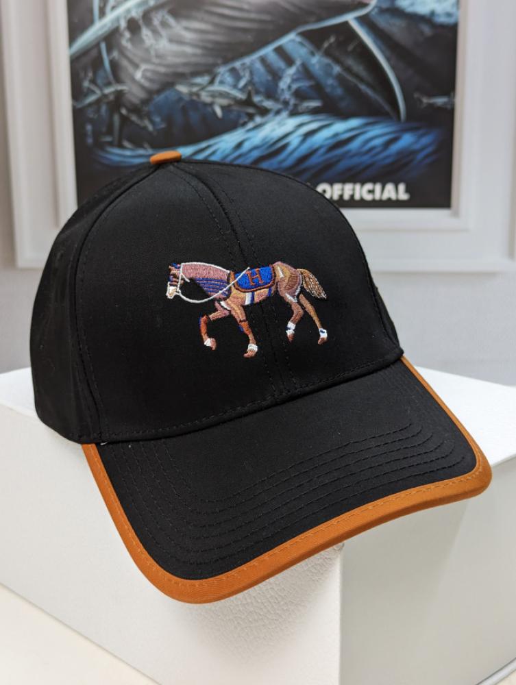 Hermes Unisex Black and Honey Horse Embroidery Cap - E-SEVEN STORE