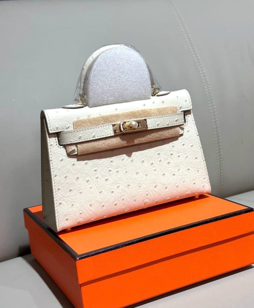 Hermes Mini Kelly Ostrich Bag White Gold E-SEVEN STORE
