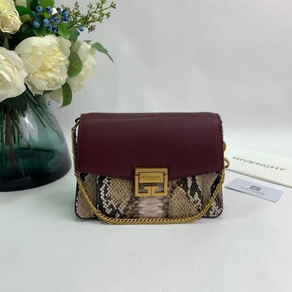 حقيبة جيفنشي نمط جلد بايثون مع قلاب خمري ومشبك ذهبي