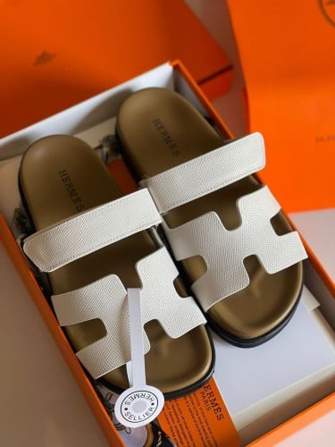 Hermes Chypre Supermaster Leather Flat Sandal in Creamy White - E