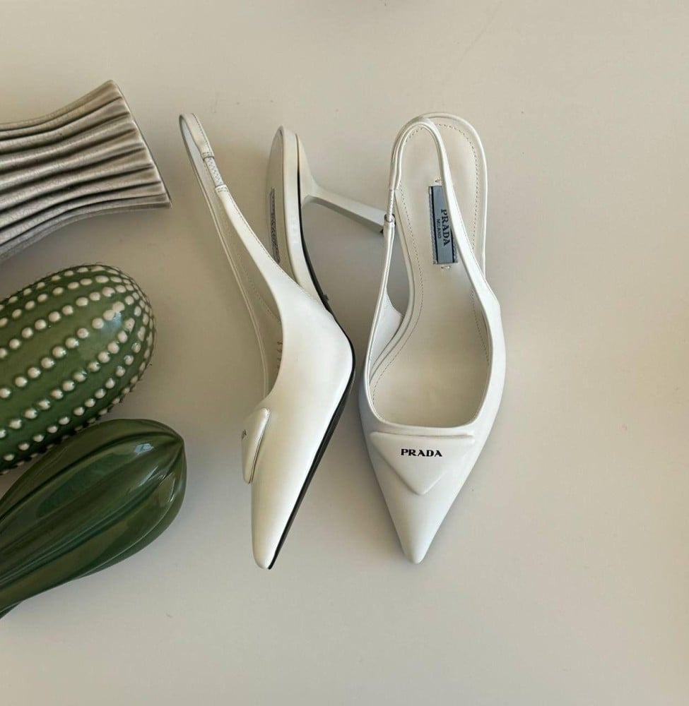 Prada White Mid Heel Slingback Sandal - E-SEVEN STORE