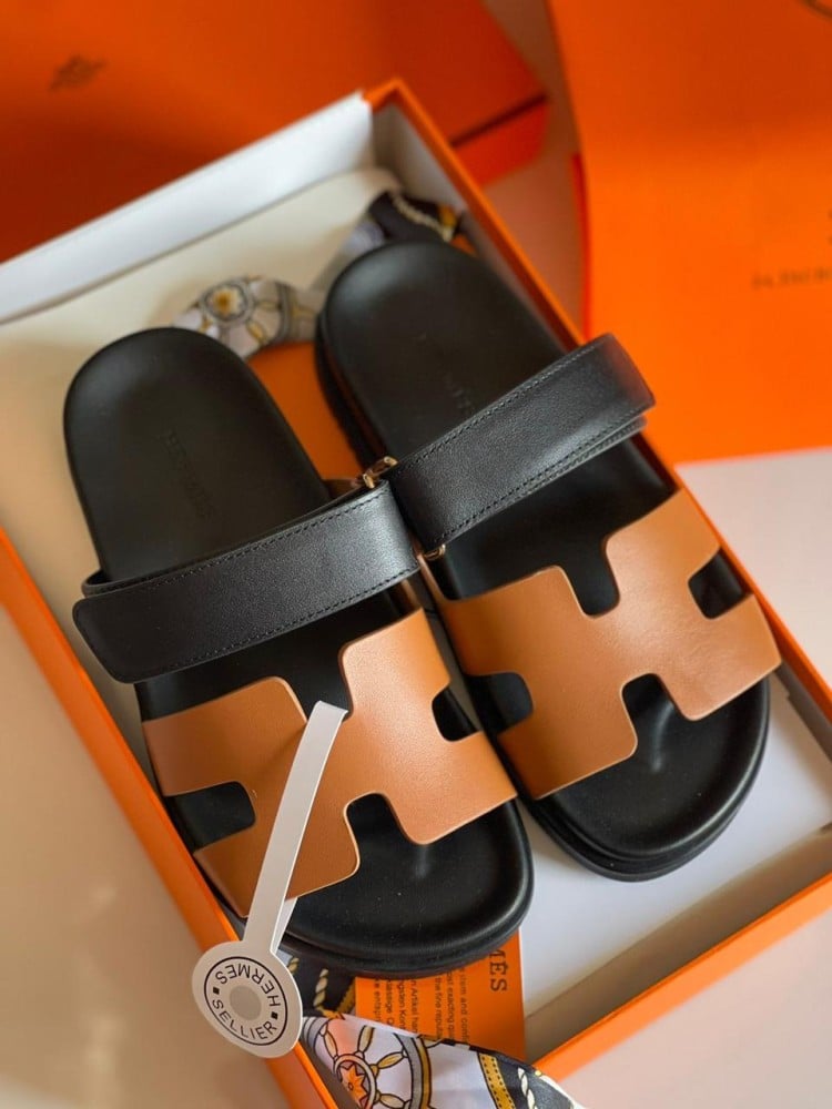 Hermes Chypre Leather Comfort Sandal in Honey with Black