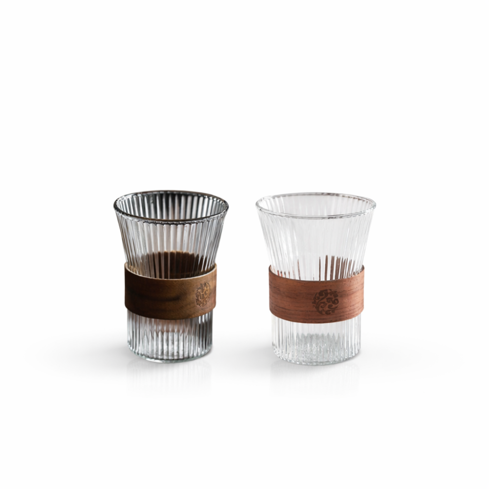 كوب زجاج بممسك خشبي - 6 الوان | Glass Cup Wooden Ring