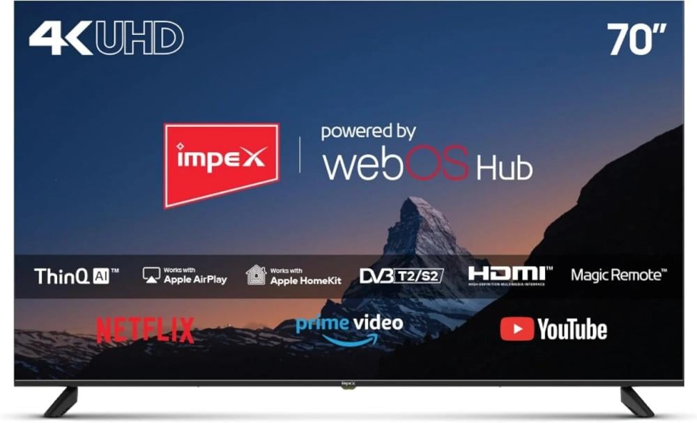 شاشة ذكية امبكس فيستا 70 بوصه UHD بجودة 4K نظام تشغيل ويبوس وريموت سحري موديل FIESTA70SMART