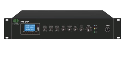 PM-60A • ميكسر أمبليفاير برومايك بقوة 60 واط وشاشة 19 بوصة مع منافذ USB/Bluetooth/FM ماركة برومايك • يتضمن 3 ميكروفونات و 2 مدخل صوت إضافي. • قادر على العمل مع توصيلات 70 فولت/100 فولت/4-16 أوم. • منتج عالي الجودة من ماركة برومايك يوفر تجربة صوتية متميزة