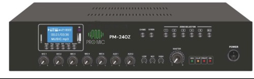 PM- 240Z مضخم الصوت والمزج 5 زونات بقوة 240 واط: - يحتوي على مشغل MP3 وموجه FM ووظيفة البلوتوث. - يتميز بتحكم منفصل في مستوى الصوت لثلاث مناطق مختلفة. - ⁠ - يحتوي على ثلاث مداخل للميكروفون ومدخلين فرعيين. - ⁠- يدعم توصيل السماعات بمقاومة 70 فولت / 100 فول