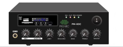 PM-60C - مضخم صوت سيارة بقوة 60 واط من ماركة برومايك. - ⁠- يدعم USB/SD/FM/Bluetooth. - ⁠- متوافق مع مقاومات 4-16 أوم. - ⁠- يحتوي على تقنية EMC للحد من التشويش الكهرومغناطيسي