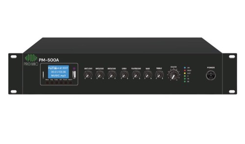 PM- 500A • ميكسر أمبليفاير برومايك بقوة 500 واط وشاشة 19 بوصة مع منافذ USB/Bluetooth/FM.من ماركة برومايك • يتضمن 3 ميكروفونات و 2 مدخل صوت إضافي. • يدعم توصيلات 70 فولت/100 فولت/4-16 أوم. • يقدم صوتًا قويًا ونقيًا بجودة استثنائية، مما يجعله الخيار المثالي