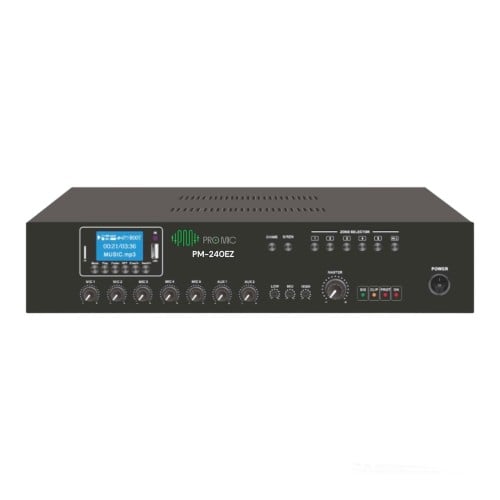 PS-240EZ مضخم صوت 5 مناطق بقوة 240 وات مزود بمنفذ USB/ بلوتوث/FM، 7 مداخل تتضمن مدخلات Mic1-5 XLR ومدخلات Aux1-2، مع رنين، 70 فولت/100 فولت/4-16 أوم ماركة PROMIC.