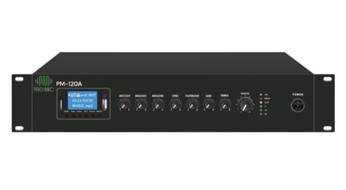 PM- 120A • ميكسر أمبليفاير برومايك بقوة 120 واط وشاشة 19 بوصة مع منافذ USB/Bluetooth/FM.من ماركة برومايك • يحتوي على 3 ميكروفونات و 2 مدخل صوت إضافي. • يدعم توصيلات 70 فولت/100 فولت/4-16 أوم . • تصميم متطور وجودة صوت عالية تجعله منت ًجا مثاليًا للاستخداما