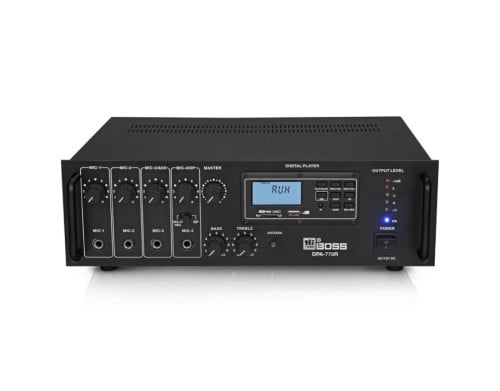 DPA-770 FBR PA مضخم صوت مع مشغل رقمي 70 وات RMS/100 وات كحد أقصى. تشغيل التيار المتردد و12 فولت تيار مستمر