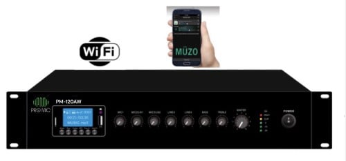 PM- 120WA• ميكسر أمبليفاير برومايك بقوة 120 واط وشاشة 19 بوصة مع واي فاي ومنافذ USB/Bluetooth/FM. ماركة برومايك • يحتوي على 3 ميكروفونات و 2 مدخل صوت إضافي. • يدعم توصيلات 70 فولت/100 فولت/4-16 أوم. • مثالي للاستخدامات المتنوعة والحفلات الصغيرة. 120WA