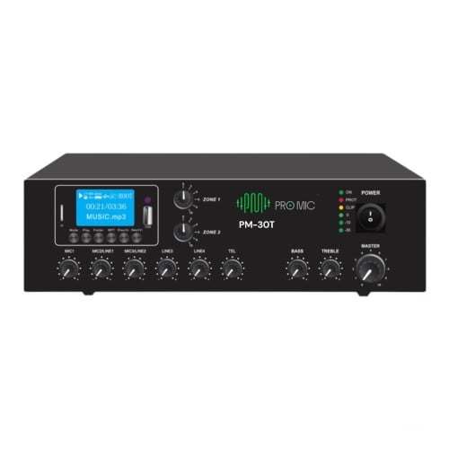 PM-30T مضخم صوت 2 zone بقدرة 60 وات مع USB/SD/FM/بلوتوث، 3 ميكروفونات، 2 مدخل Aux، 70 فولت/100 فولت/4-16 درجة مئوية , ماركة PROMIC.