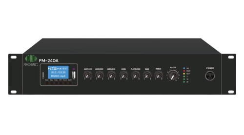 PM- 240A • ميكسر أمبليفاير برومايك بقوة 240 واط وشاشة 19 بوصة مع منافذ USB/Bluetooth/FM.من ماركة برومايك • يتضمن 3 ميكروفونات و 2 مدخل صوت إضافي. • يدعم توصيلات 70 فولت/100 فولت/4-16 أوم. • يتمتع بأداء صوتي قوي وجودة عالية، مما يجعله خيا ًرا مثاليًا للتطب