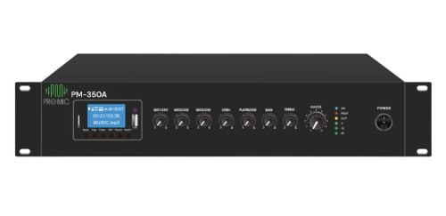 PM- 350A • ميكسر أمبليفاير برومايك بقوة 350 واط وشاشة 19 بوصة مع منافذ USB/Bluetooth/FM.من ماركة برومايك • يحتوي على 3 ميكروفونات و 2 مدخل صوت إضافي. • يدعم توصيلات 70 فولت/100 فولت/4-16 أوم. • يوفر أداءً صوتيًا قويًا ومتمي ًزا، مما يجعله الخيار المثالي ل