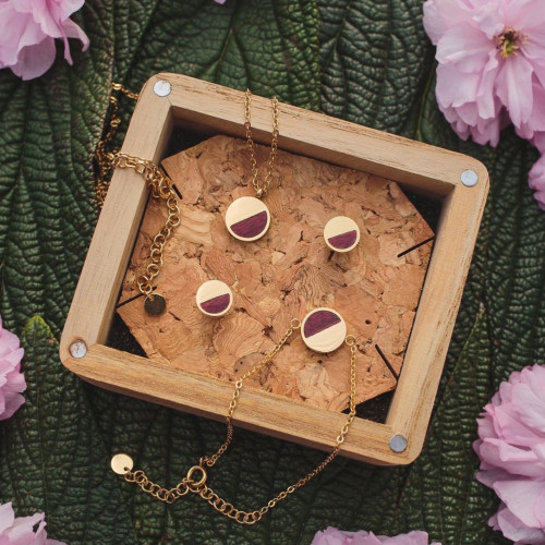 طقم ميوز خشب بنفسجي/ذهبي حلق سلسلة اسورة