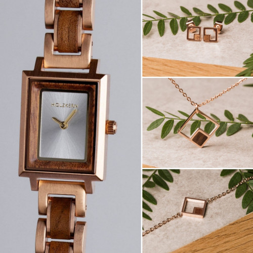 طقم ساعة ماريا ثيريزا و اكسسوارات جيومتريك جوز/روز قولد حلق سلسلة اسورة