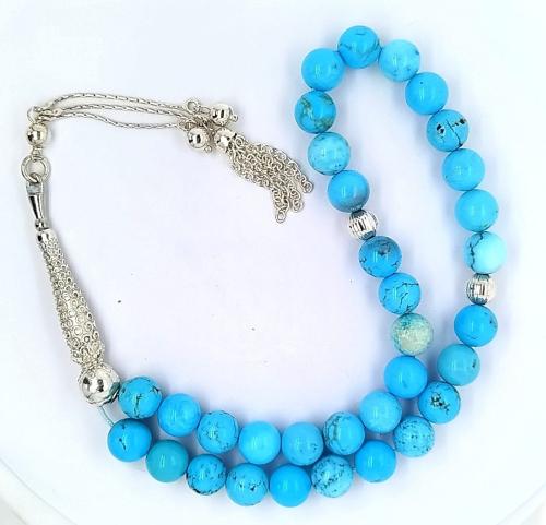 سبحة من أحجار الفيروز الطبيعية ٣٣  مع الفضة